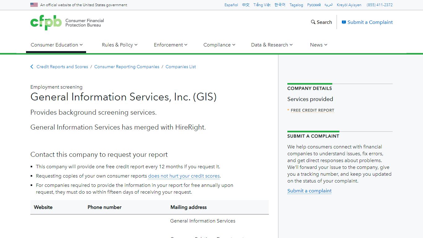 General Information Services, Inc. (GIS) | Consumer Financial ...